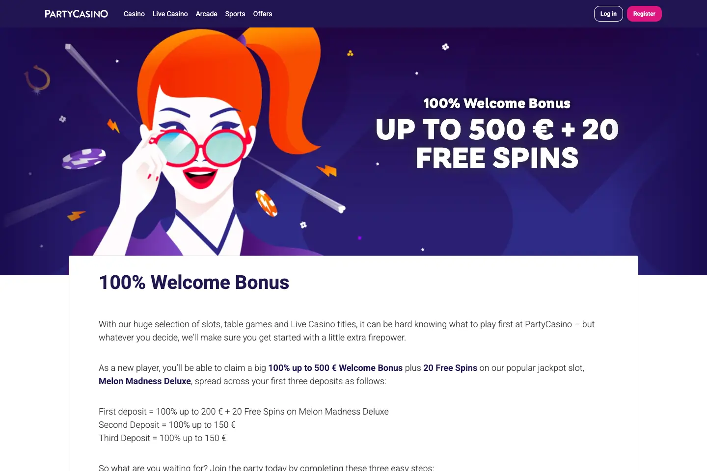 partycasino welcome offer page showing the deposit bonus and free spins