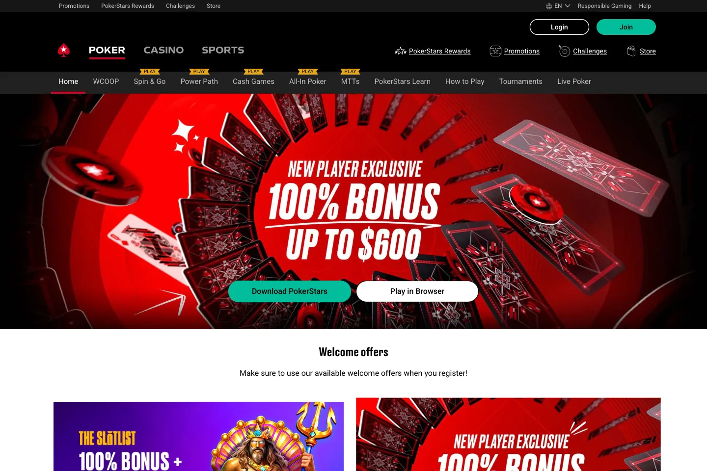 PokerStars homepage captured from the public website