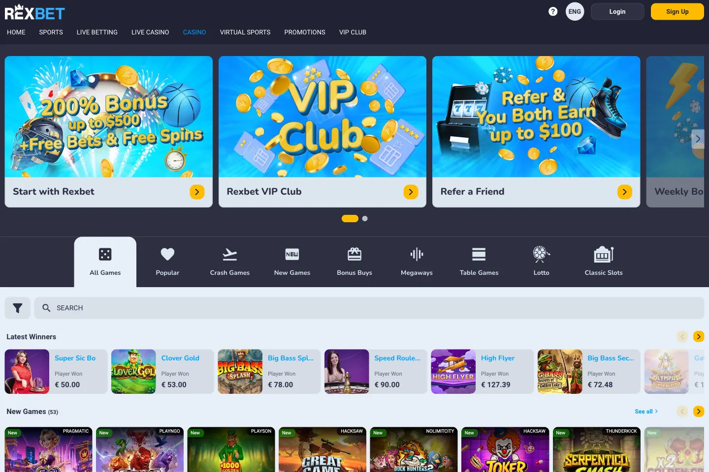 Rexbet Canada casino lobby showing game categories and slot titles