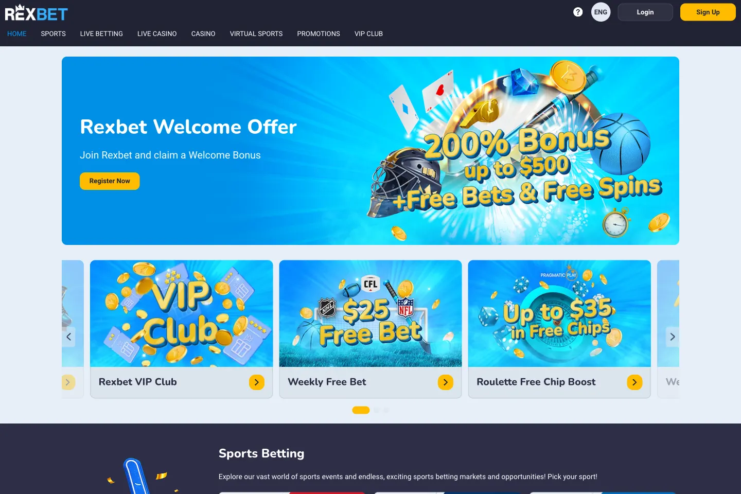 Rexbet Canada homepage showing the welcome offer and main navigation