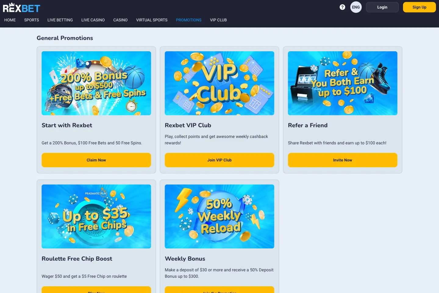 Rexbet Canada promotions page showing bonus and loyalty offers