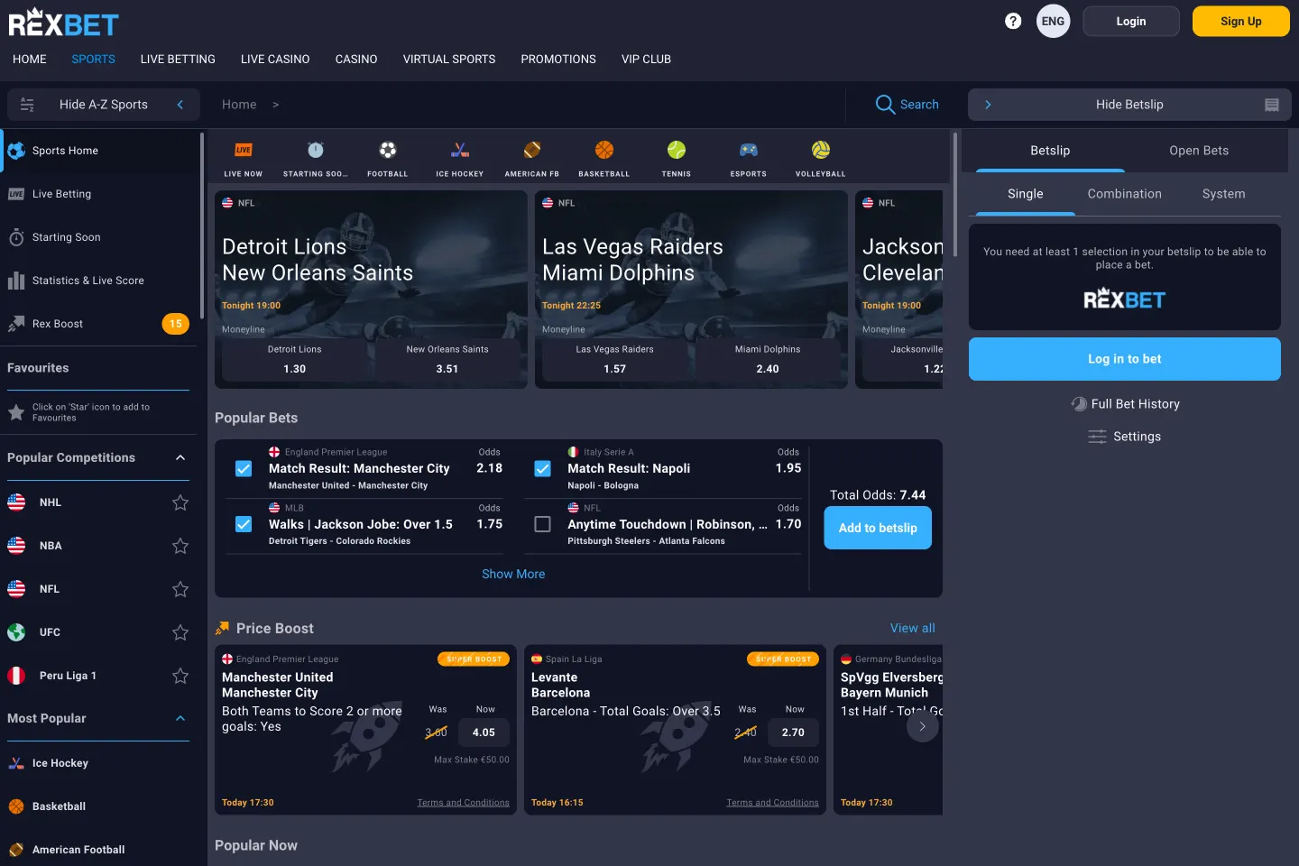 Rexbet Canada sportsbook showing sports navigation, events and betting markets
