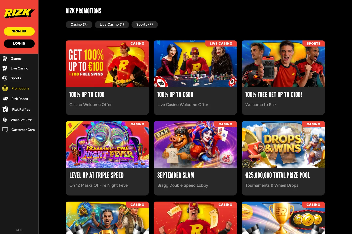 Rizk bonuses and promotions captured from the public website