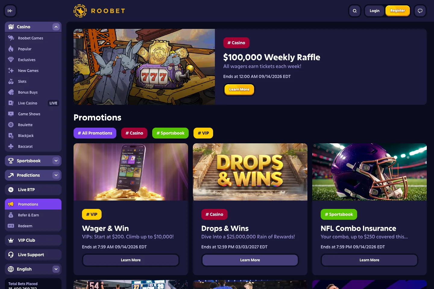 Roobet bonuses and promotions captured from the public website
