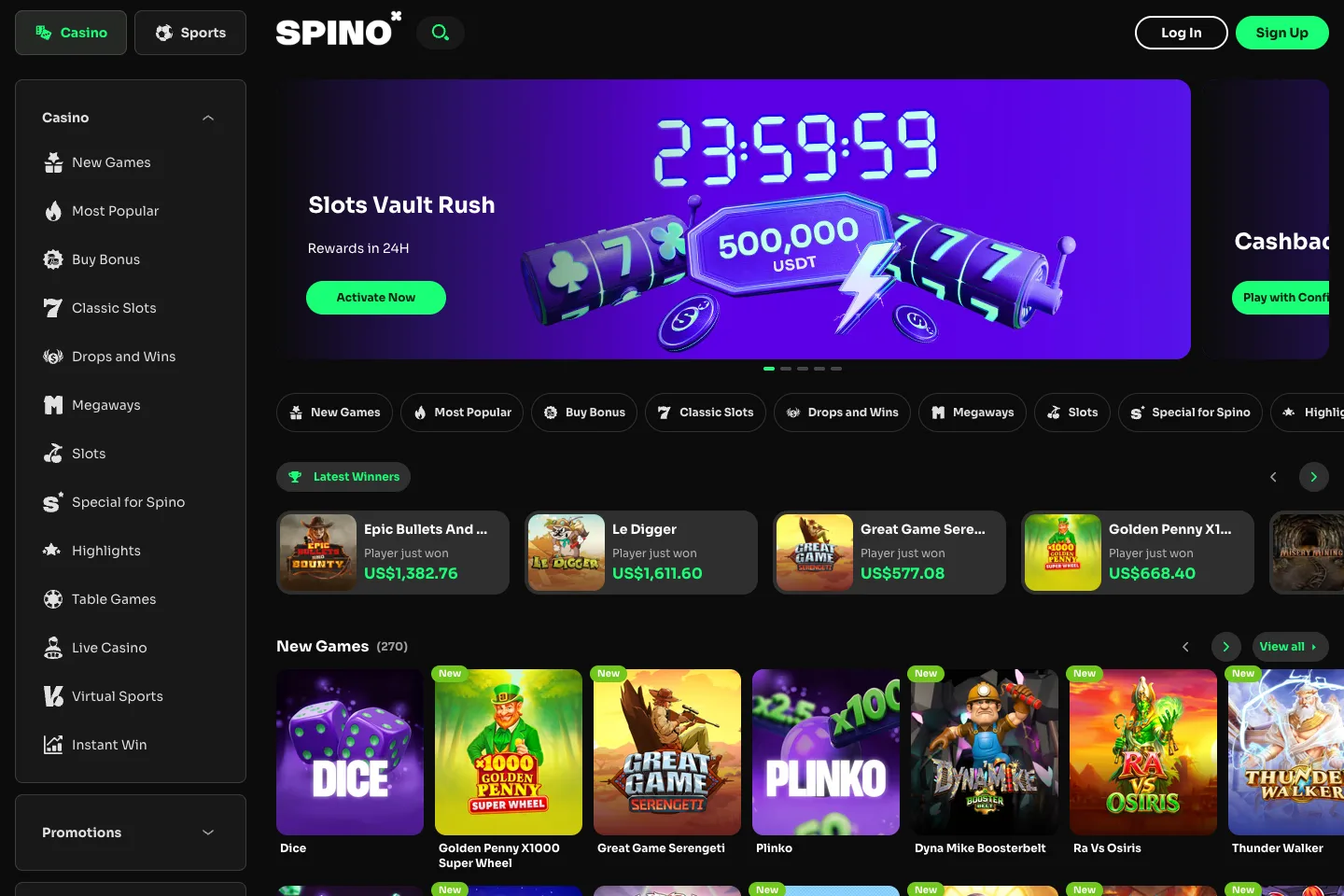 Spino casino lobby captured from the public website