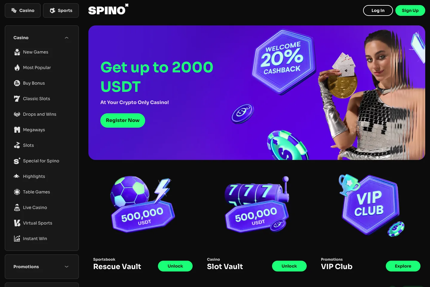 Spino homepage captured from the public website