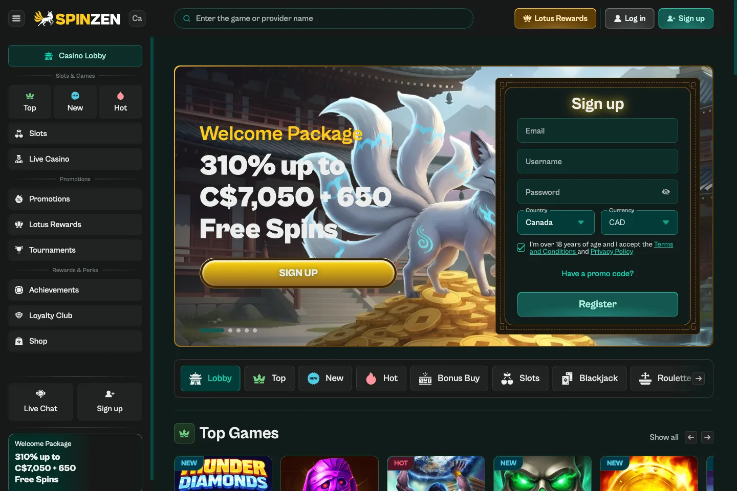 Spinzen homepage captured from the public website