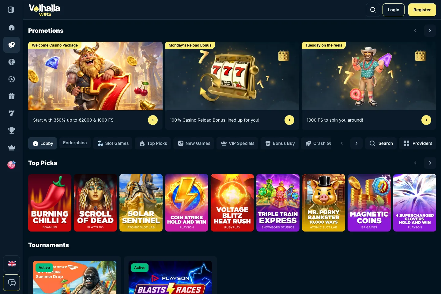 Valhalla Wins casino lobby captured from the public website