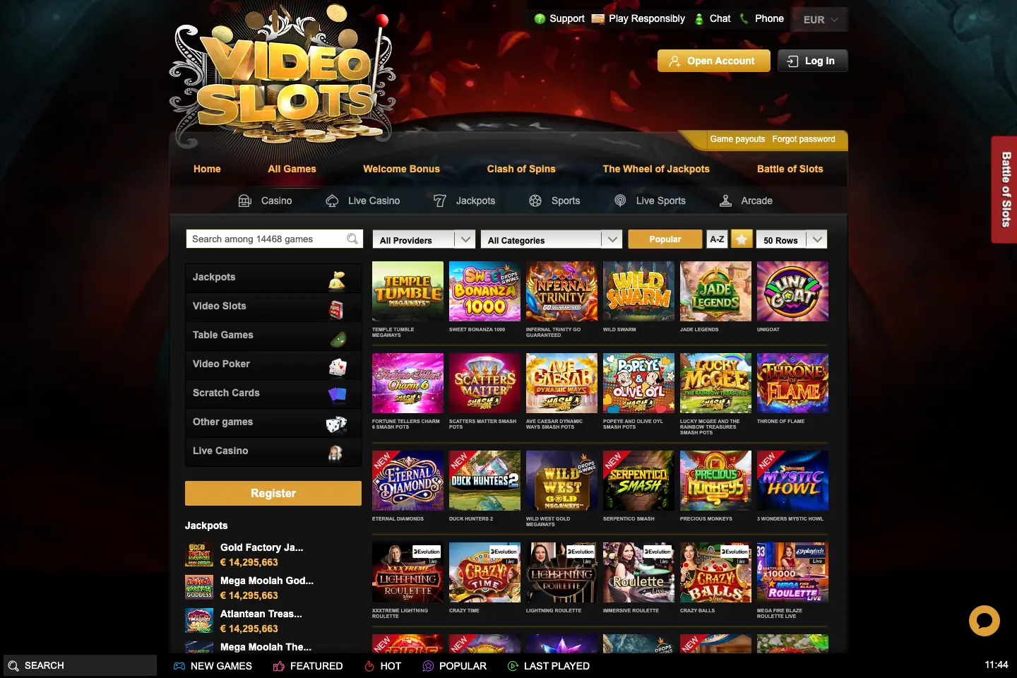 Videoslots casino lobby showing slots, table games and live casino categories
