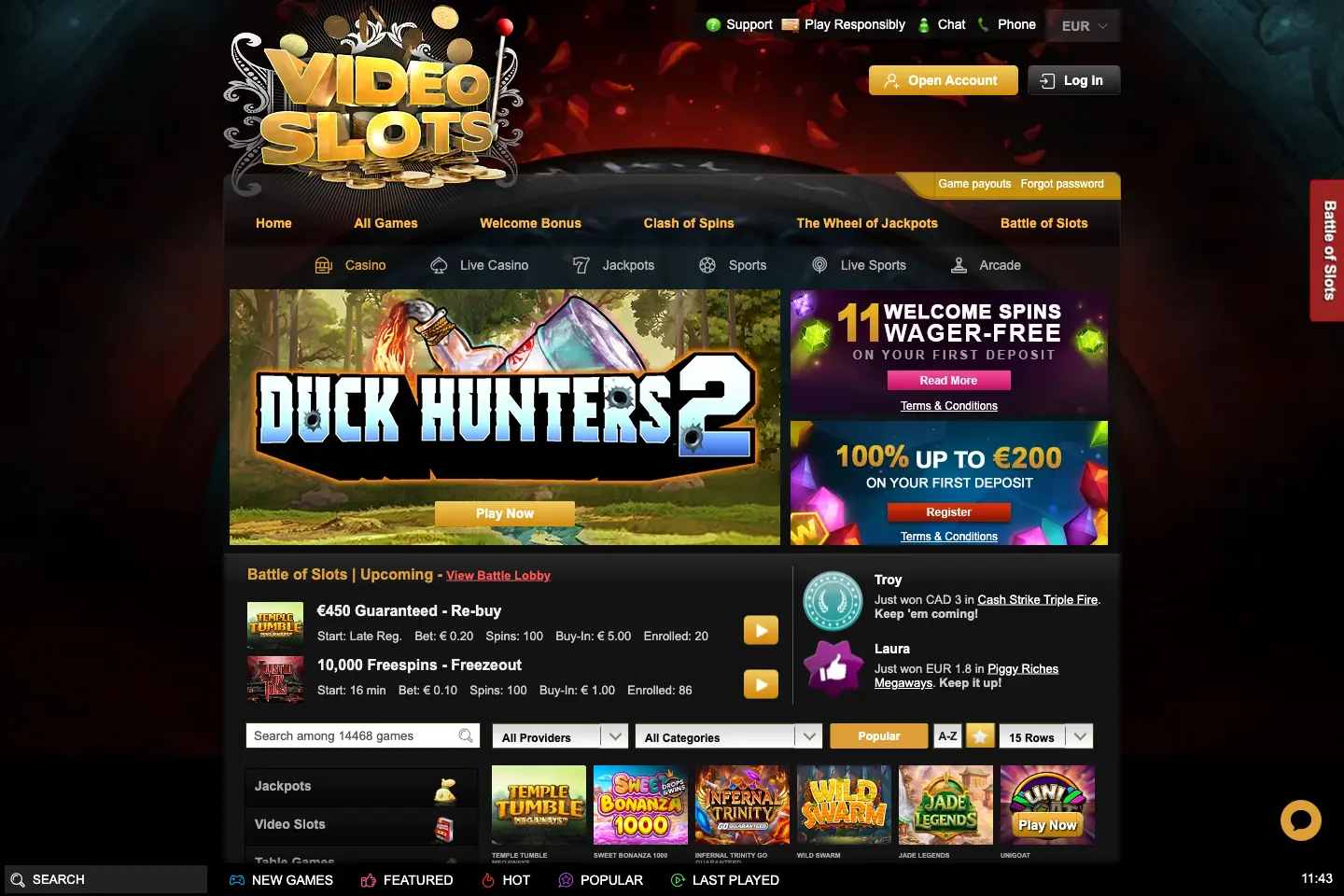 Videoslots homepage showing the main casino navigation, welcome offers and game catalogue