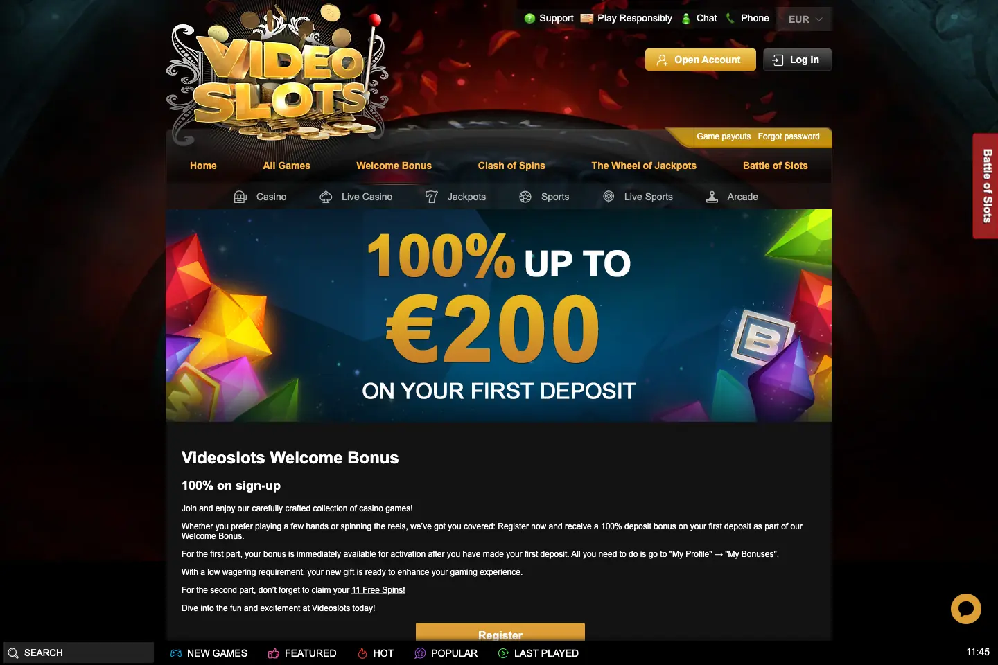Videoslots welcome bonus page showing the first-deposit promotion and terms