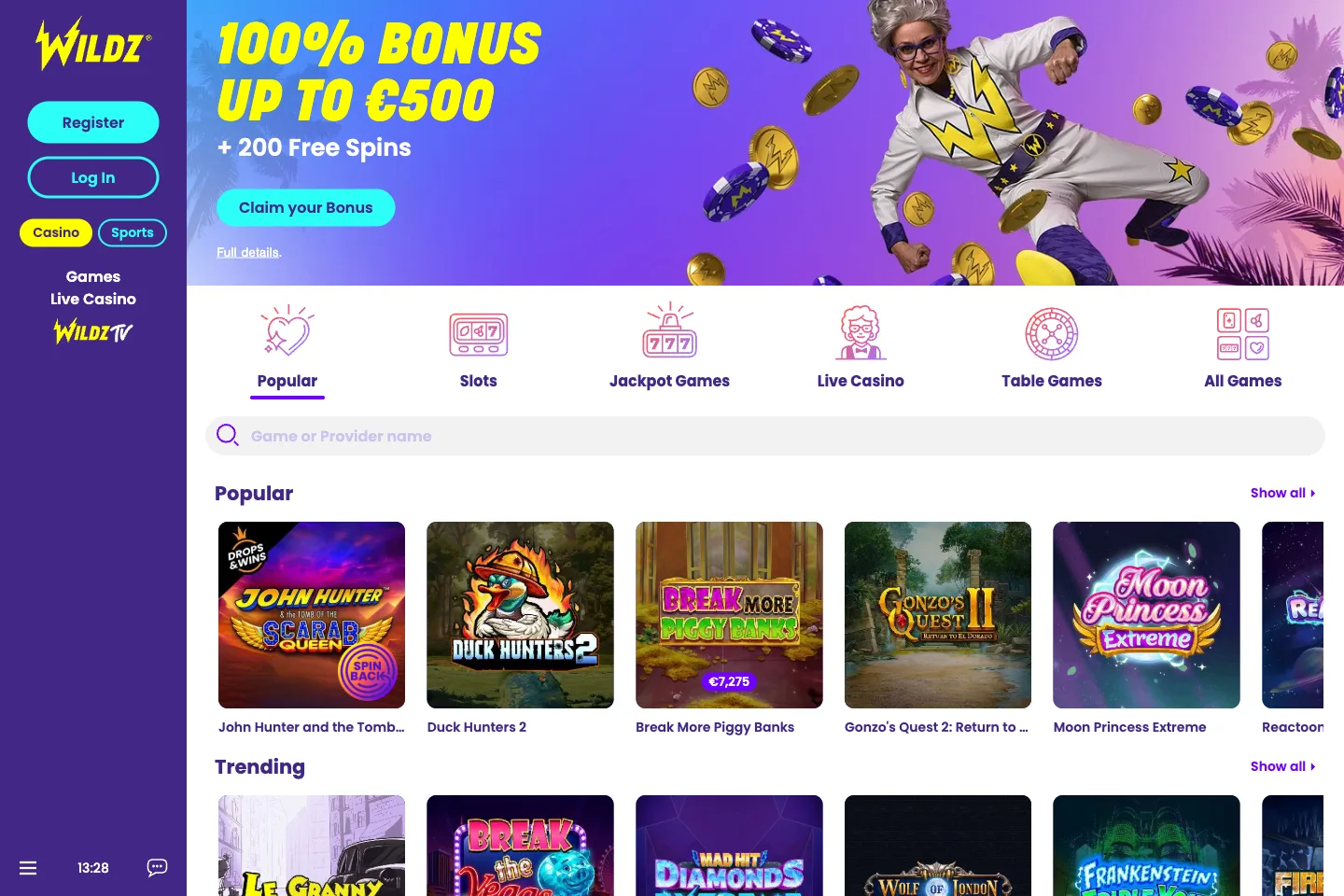 Wildz casino lobby captured from the public website